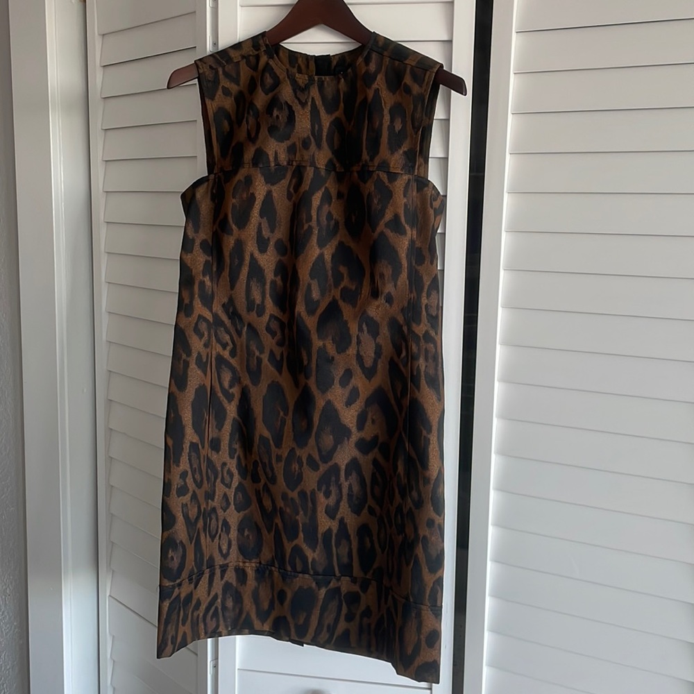 Lanvin Made in France lined woven animal print dress.